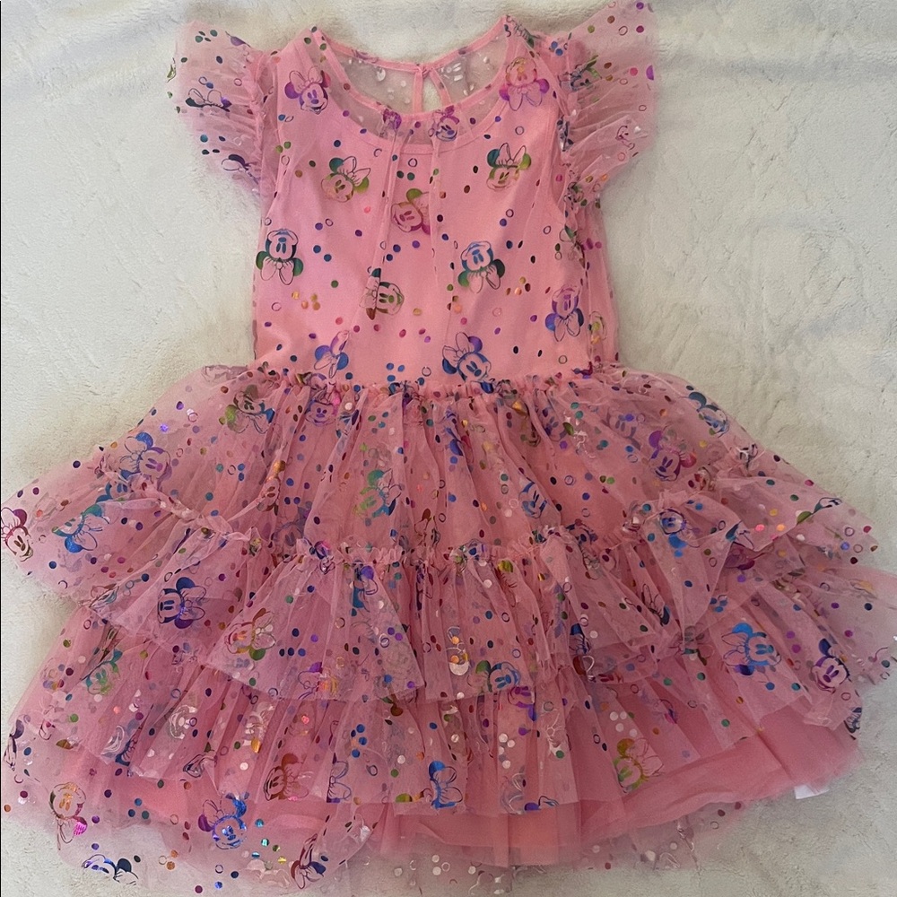 Disney Pink Tulle Ruffle Minnie Mouse Dress with Multicolor Confetti